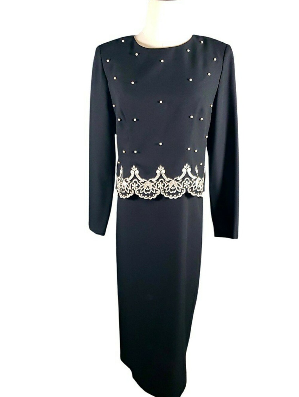 Vintage Evening Embellished Pearls 4P Maxi Dress COS 80's One Piece LBD Formal